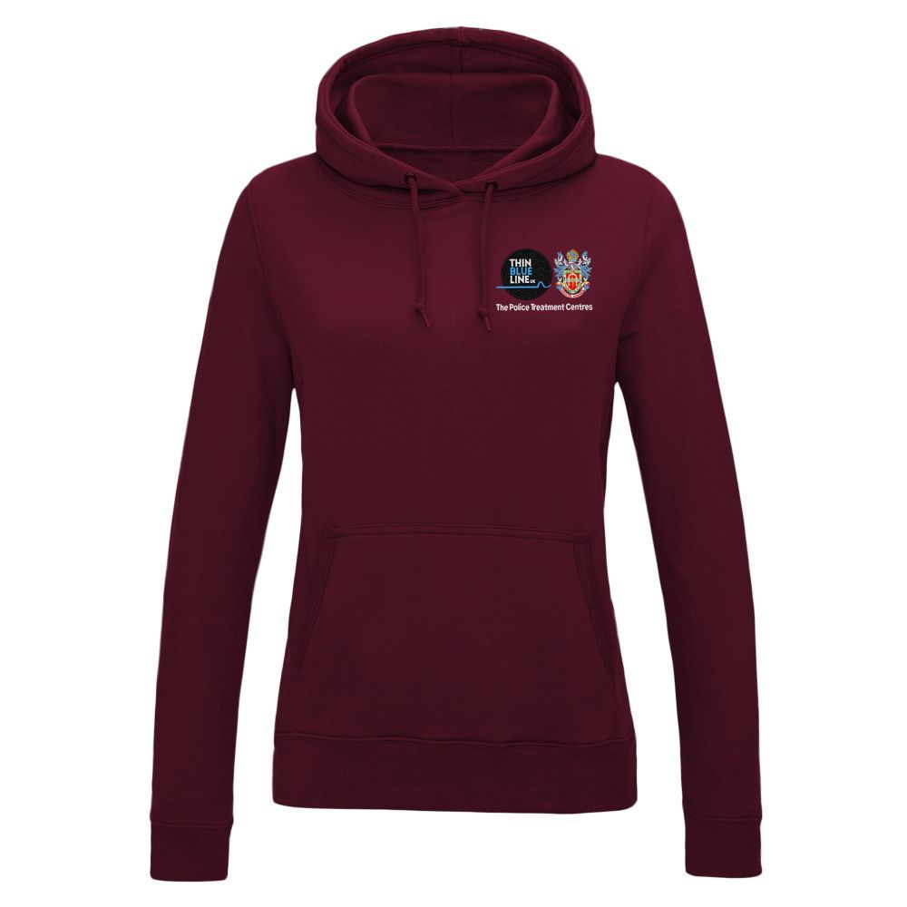 Black hoodie with a small design on the chest.