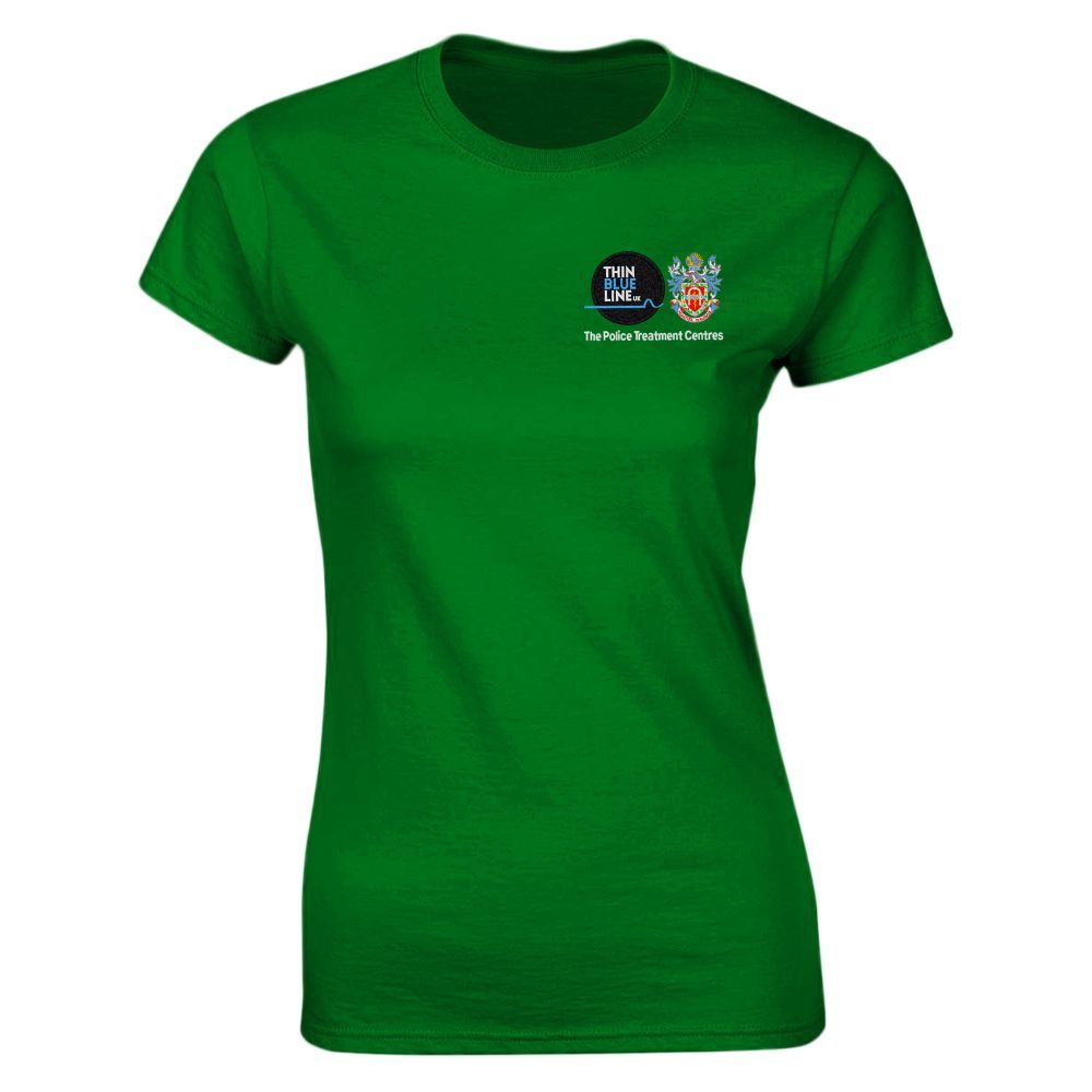 Green t-shirt with a small emblem on the chest: a logo with text.