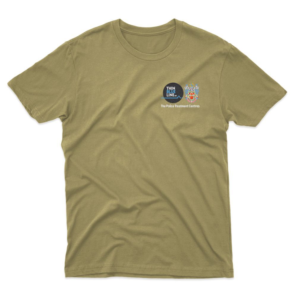Red t-shirt with a small design on the left chest featuring a cartoon character and a colorful peace sign.
