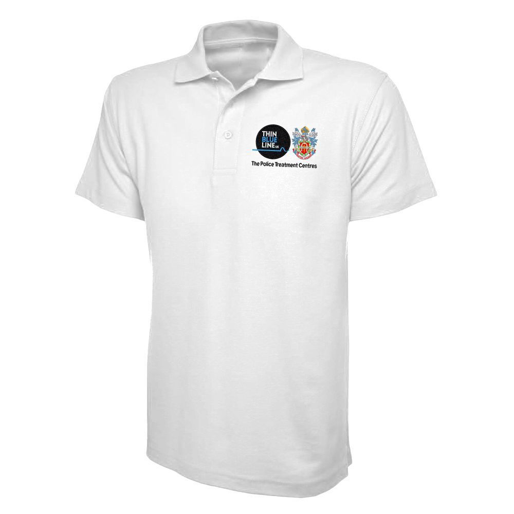 Black polo shirt with a logo on the left chest.