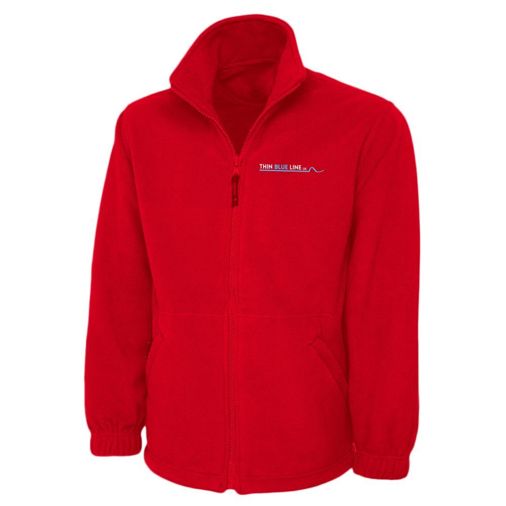 Maroon fleece jacket with a full zipper, pockets, and logo on the chest.