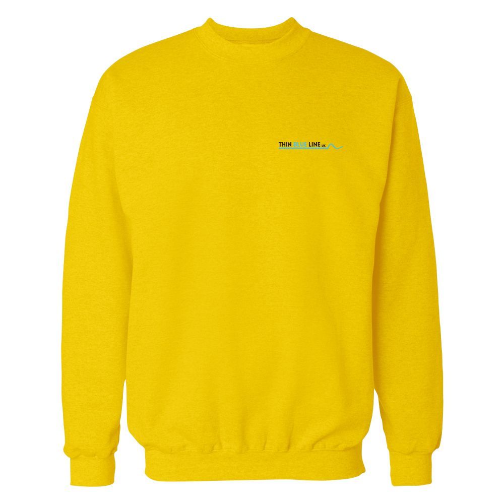 Gray sweatshirt with a small, blue logo on the chest.