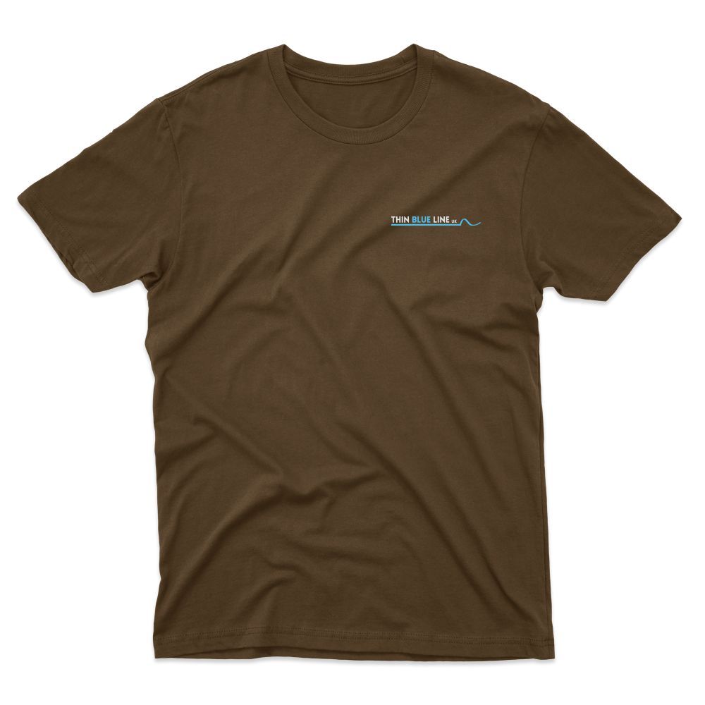 Brown t-shirt with a small, light-colored logo across the chest.
