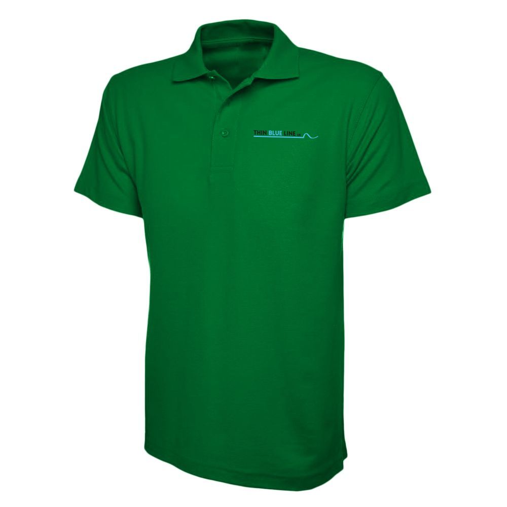 White polo shirt with small blue logo on chest.