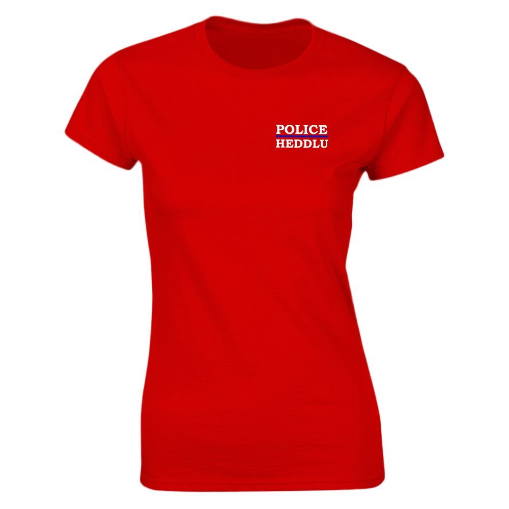 Red t-shirt with small white text 