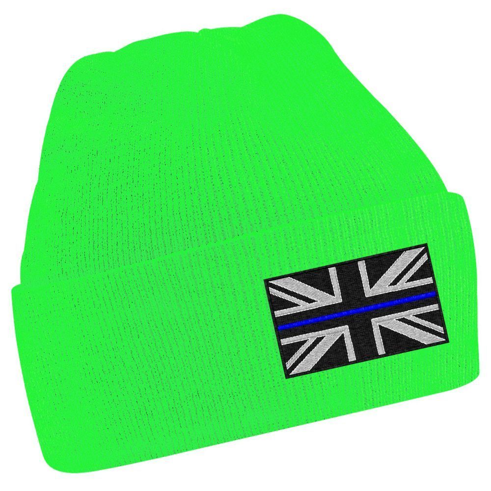White beanie with embroidered British flag, blue line.