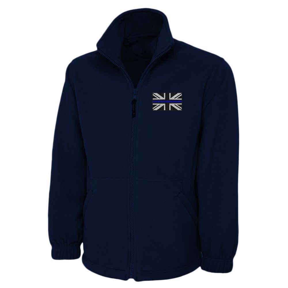 Red fleece jacket with a small Union Jack flag patch on the chest.