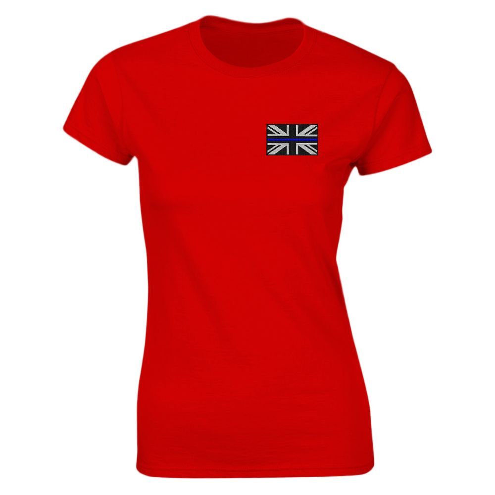 Gray t-shirt with a small British flag graphic on the chest, featuring a blue line.