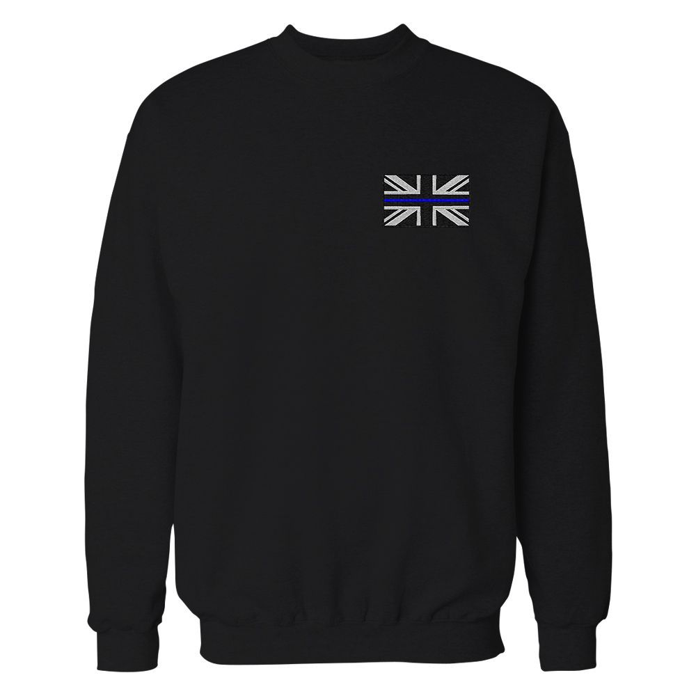 Red sweatshirt with a small embroidered Thin Blue Line American flag on the left chest.