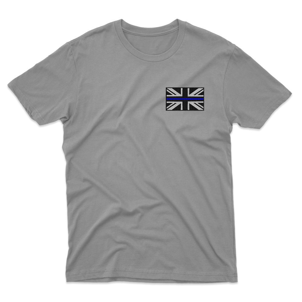 Blue t-shirt with a small black and white British flag emblem on the chest.