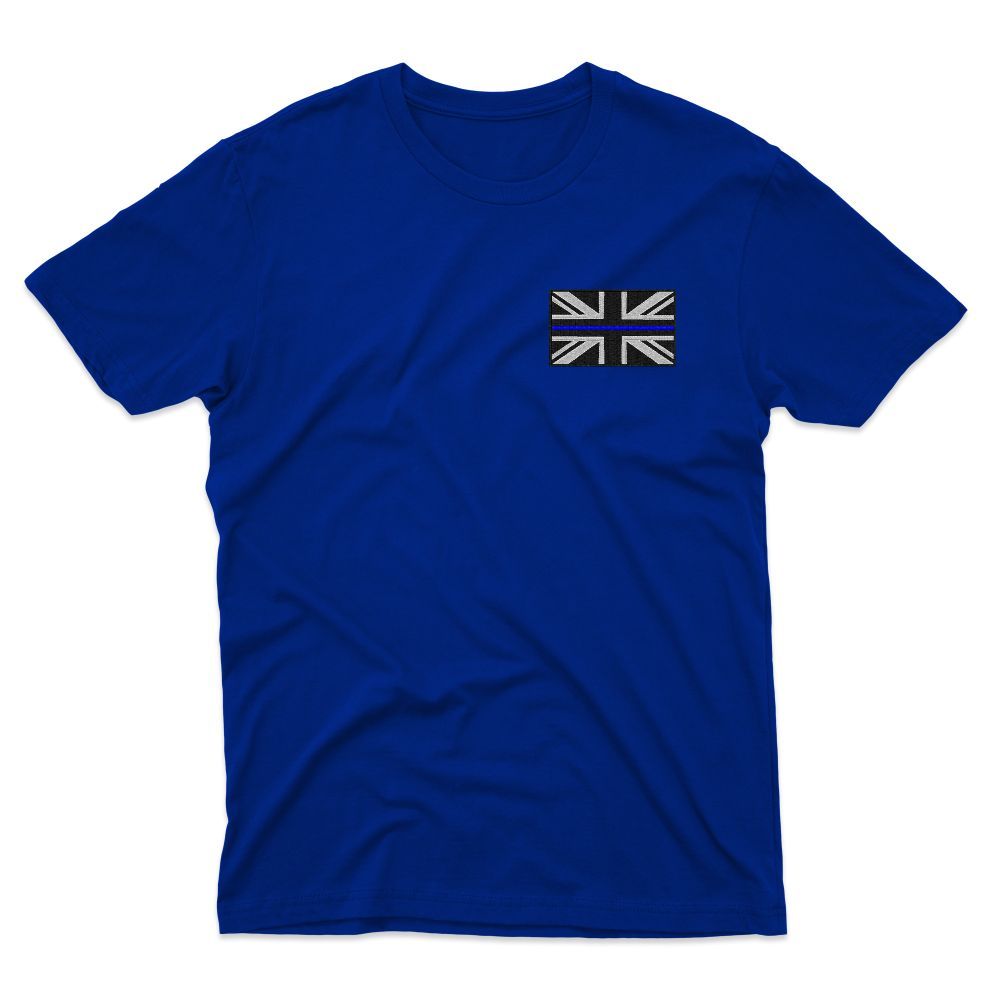Blue t-shirt with a small black and white British flag emblem on the chest.