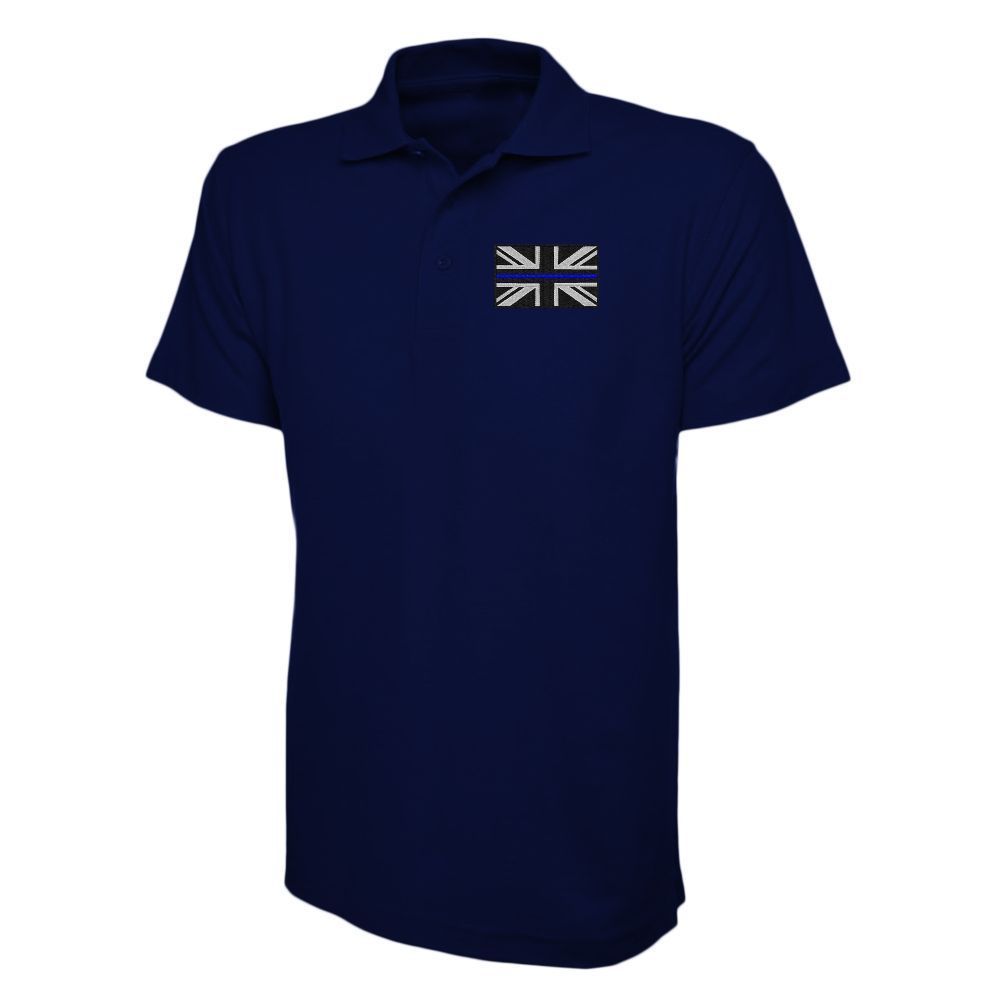Light blue polo shirt with a small Union Jack emblem on the chest.