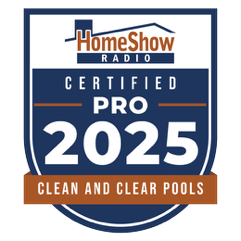 HomeShow Radio 2025 Certified Pro shield logo for Clean and Clear Pools in navy blue, white, and orange.