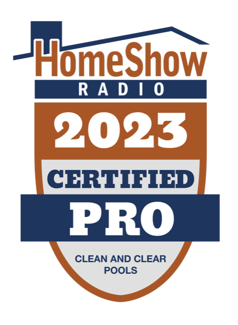 HomeShow Radio 2023 Certified Pro badge for Clean and Clear Pools on a shield-shaped brown and blue background.
