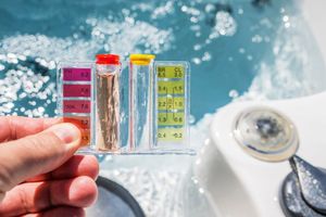 A person holds a water testing kit in front of a hot tub to compare color results for pH and chlorine levels.