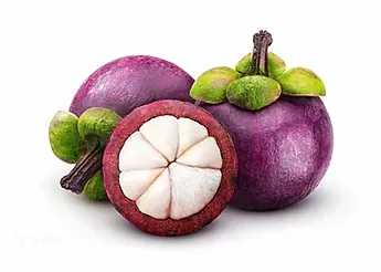 Purple mangosteen fruits, one cut open showing white segments and green stems