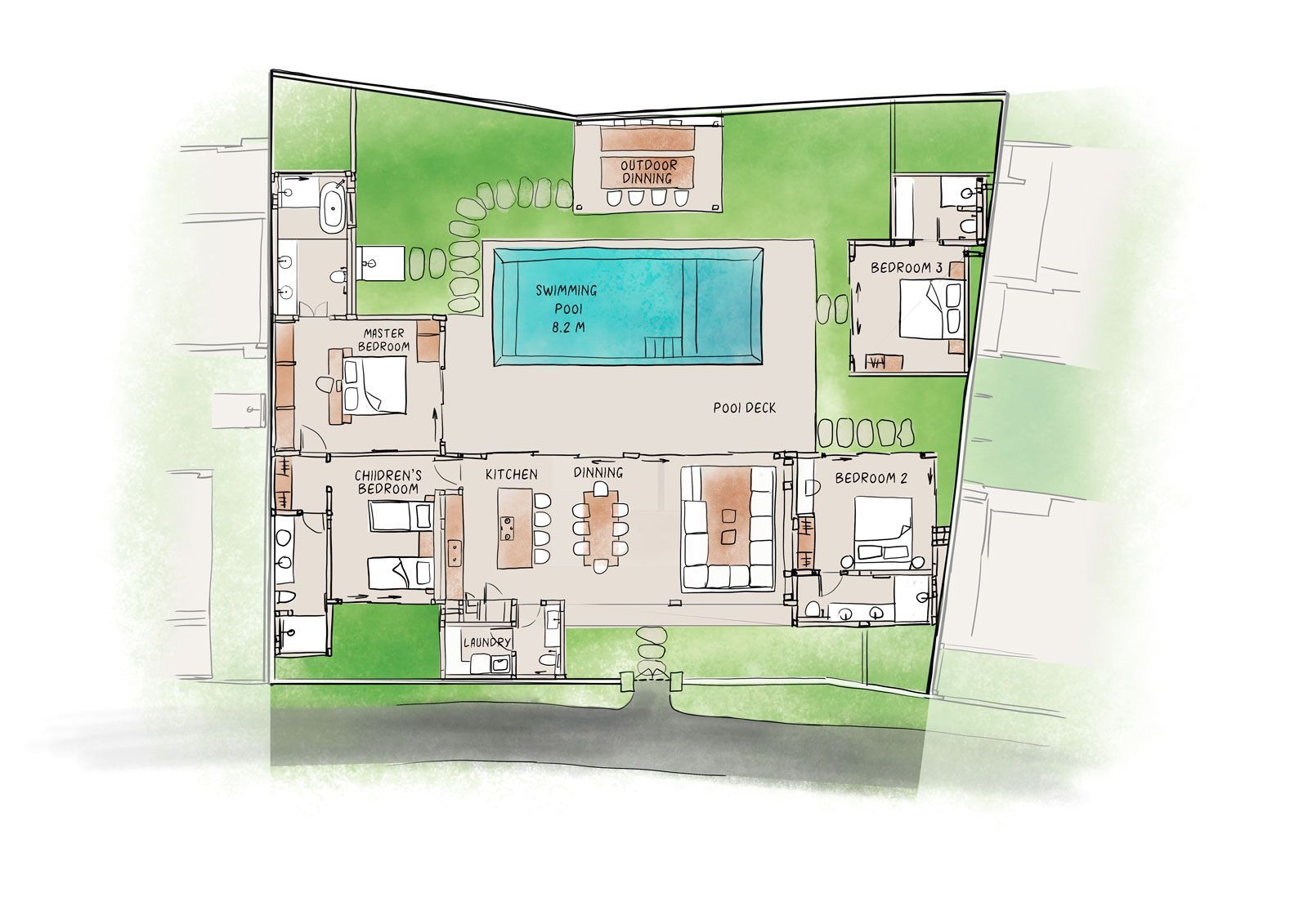 Hand-drawn floor plan of a home with a central blue pool and green yard areas