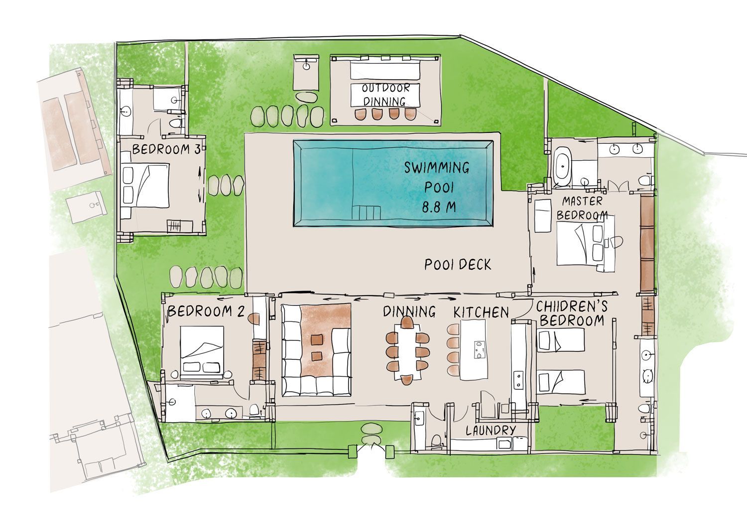 Top-down floor plan of a backyard with a central blue swimming pool, patio seating, and surrounding lawn.