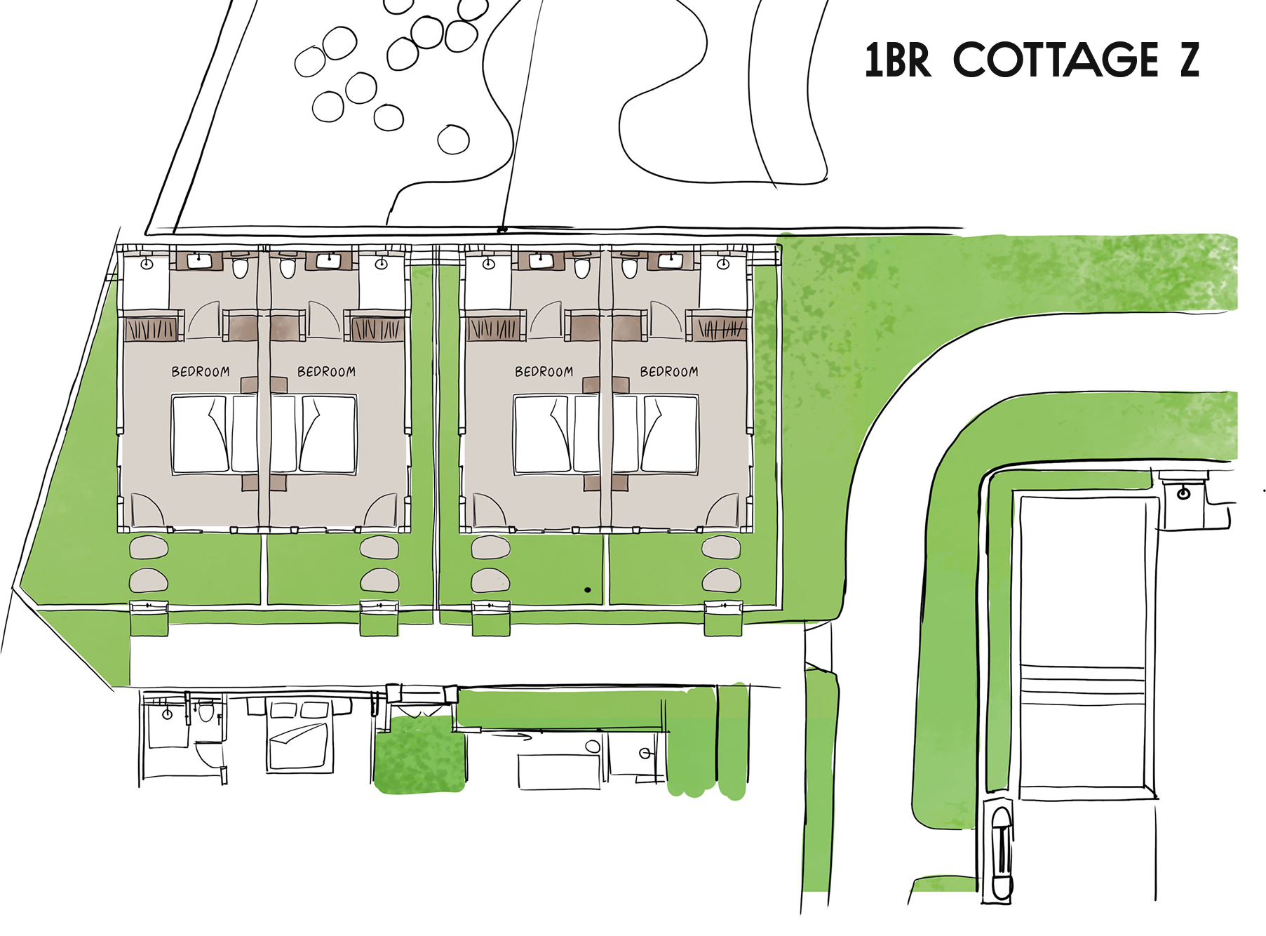 Site plan of two small cottage units with green landscaping and driveway access, labeled “1BR COTTAGE Z”