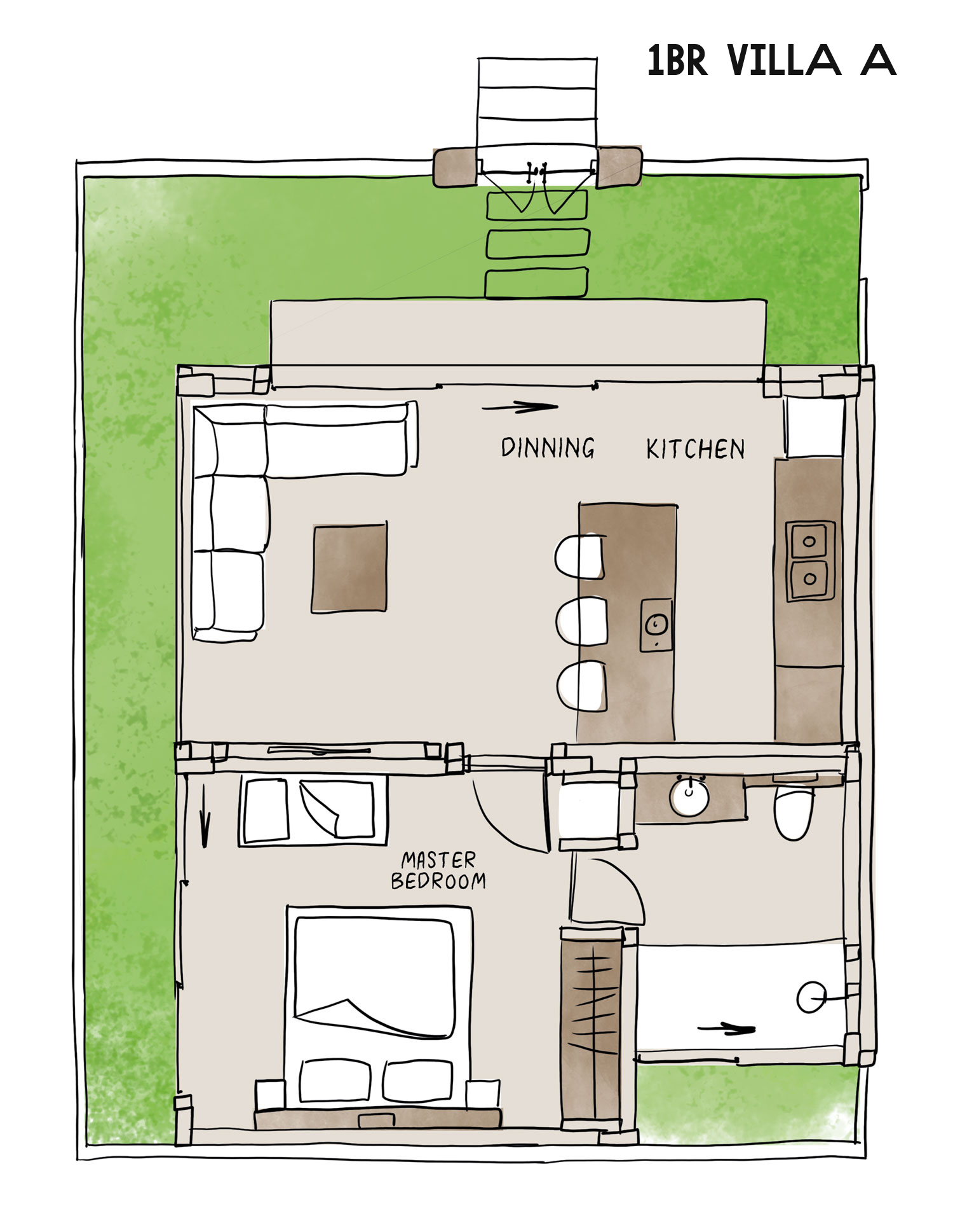 1BR villa floor plan with green yard, living area, kitchen, bedroom, bath, and entry stairs
