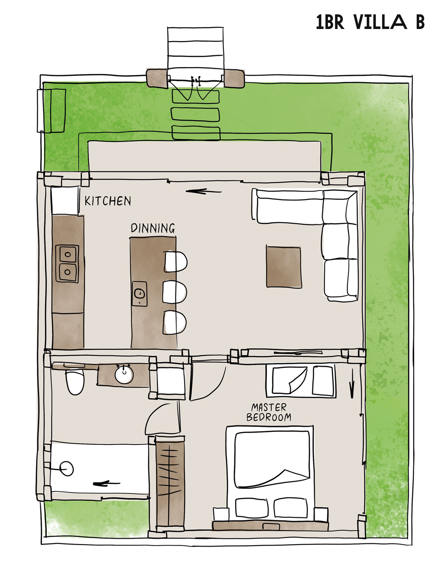 Floor plan of 1BR Villa B with kitchen, dining, living, bedroom, bath, and green outdoor areas.