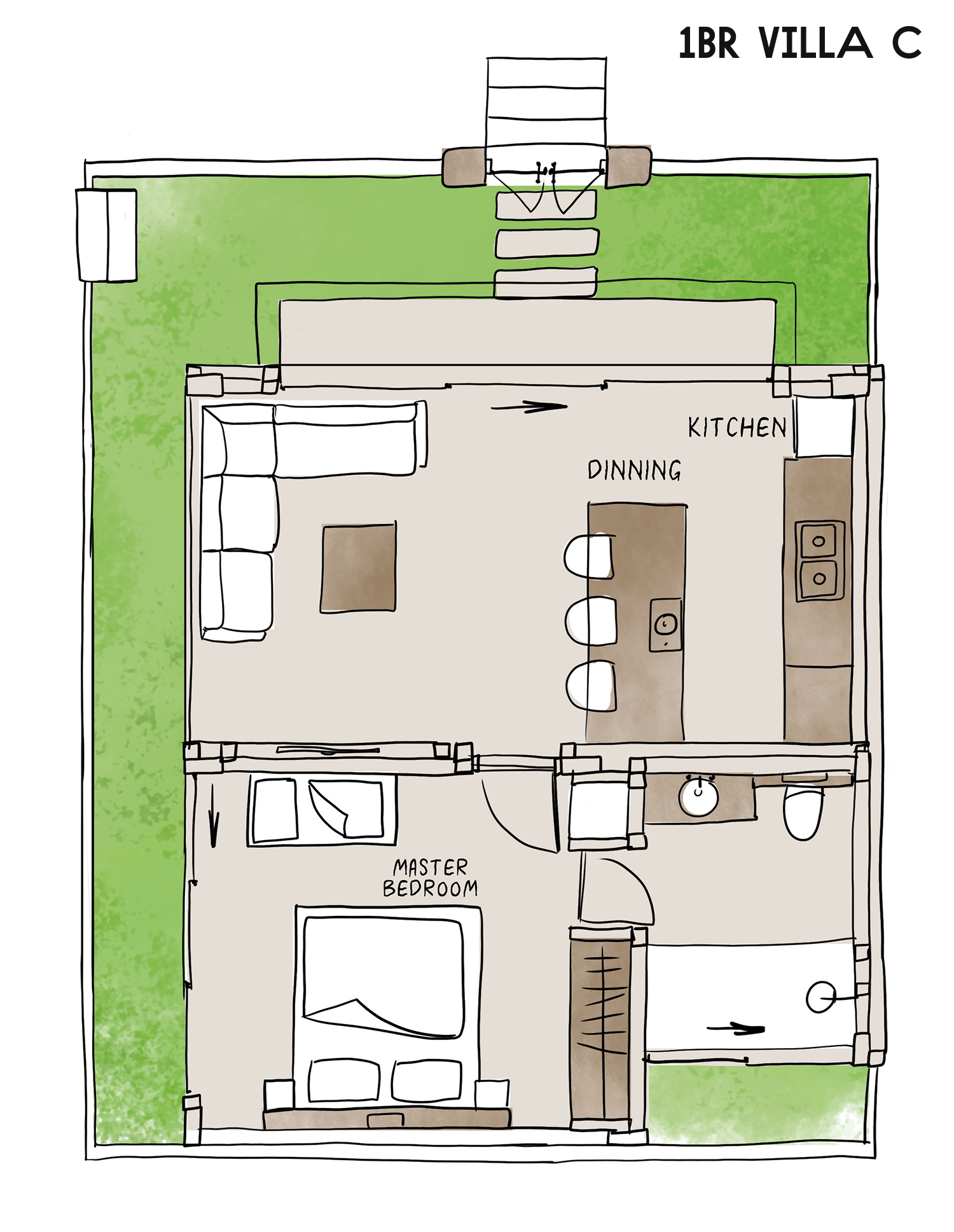 Floor plan of a 1BR villa with living area, kitchen, bedroom, bath, and surrounding green outdoor space.