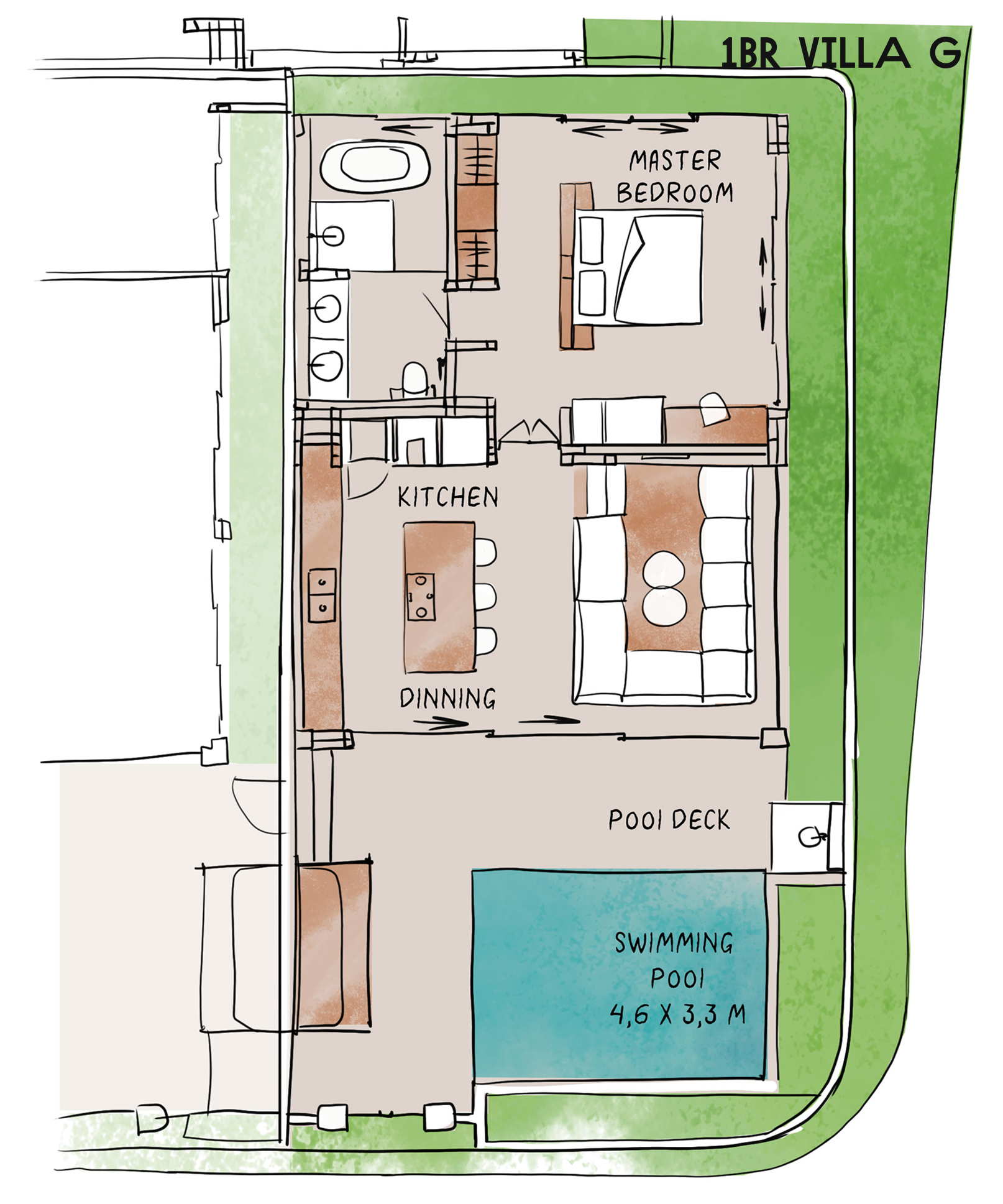 Compact villa floor plan with bedroom, kitchen, dining area, porch deck, and swimming pool.