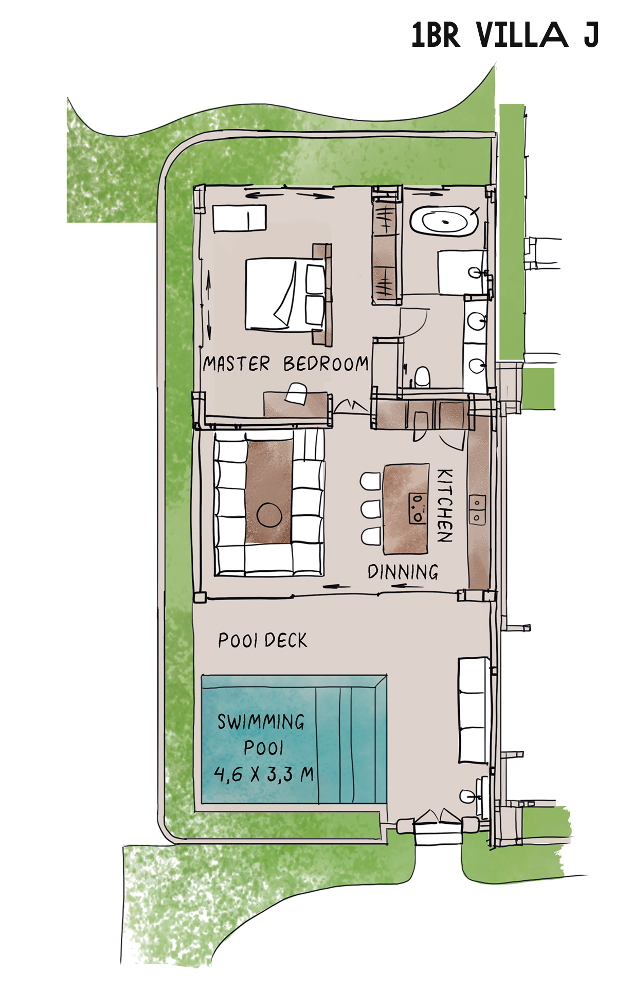 1BR villa floor plan with bedroom, bathroom, living/dining area, patio, and swimming pool.