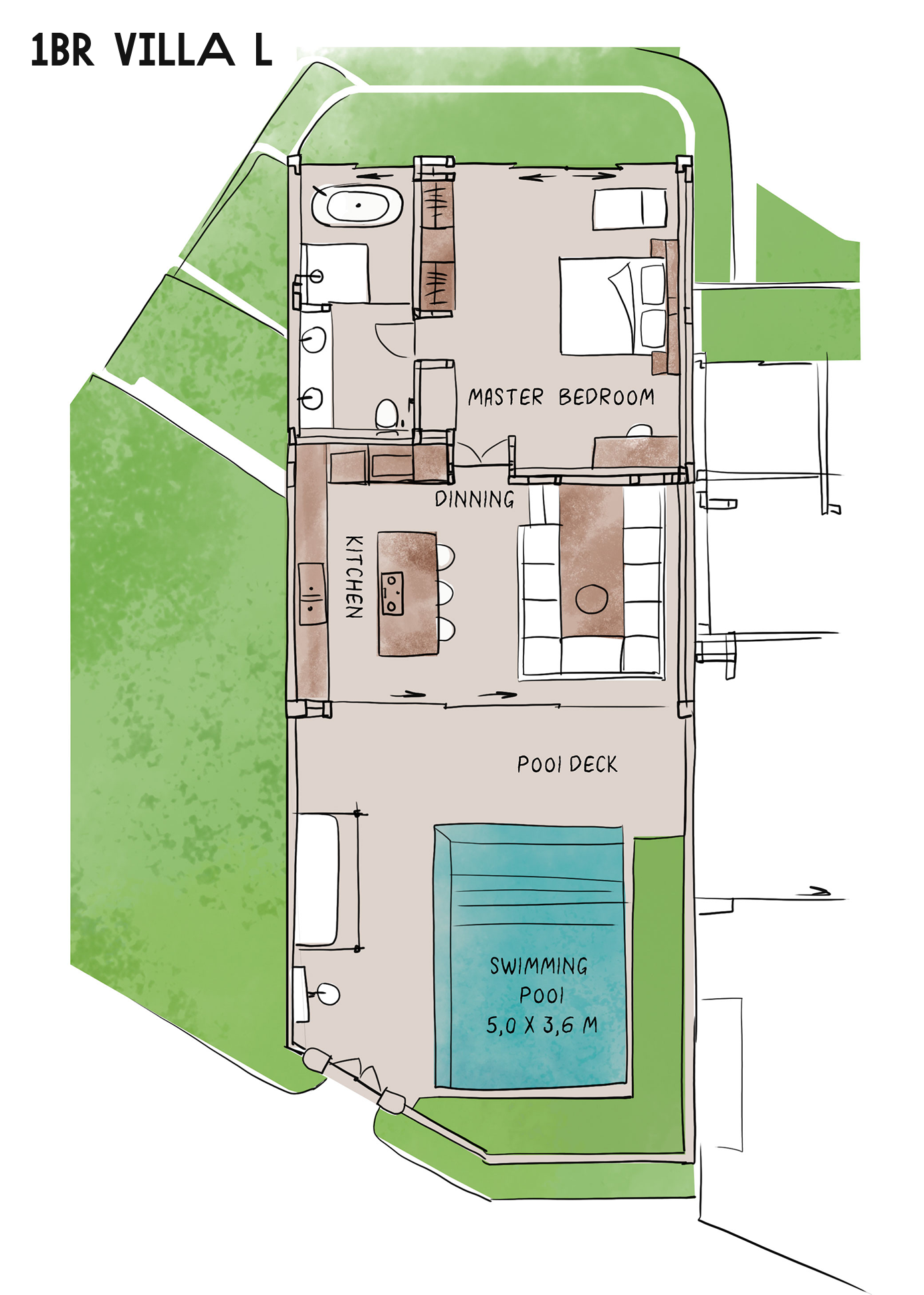 Colored floor plan of a 1BR villa with living area, bedroom, kitchen, bathroom, and pool.