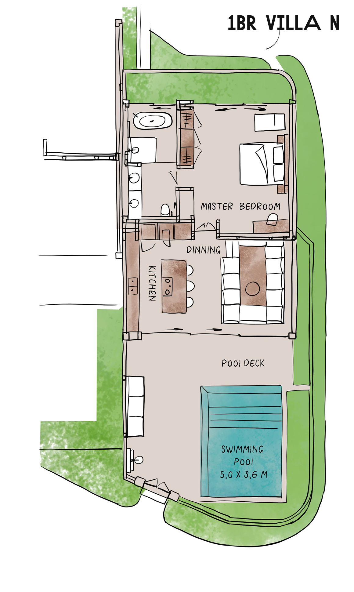 Floor plan of a one-bedroom villa with living area, bedroom, bath, and pool in a landscaped layout