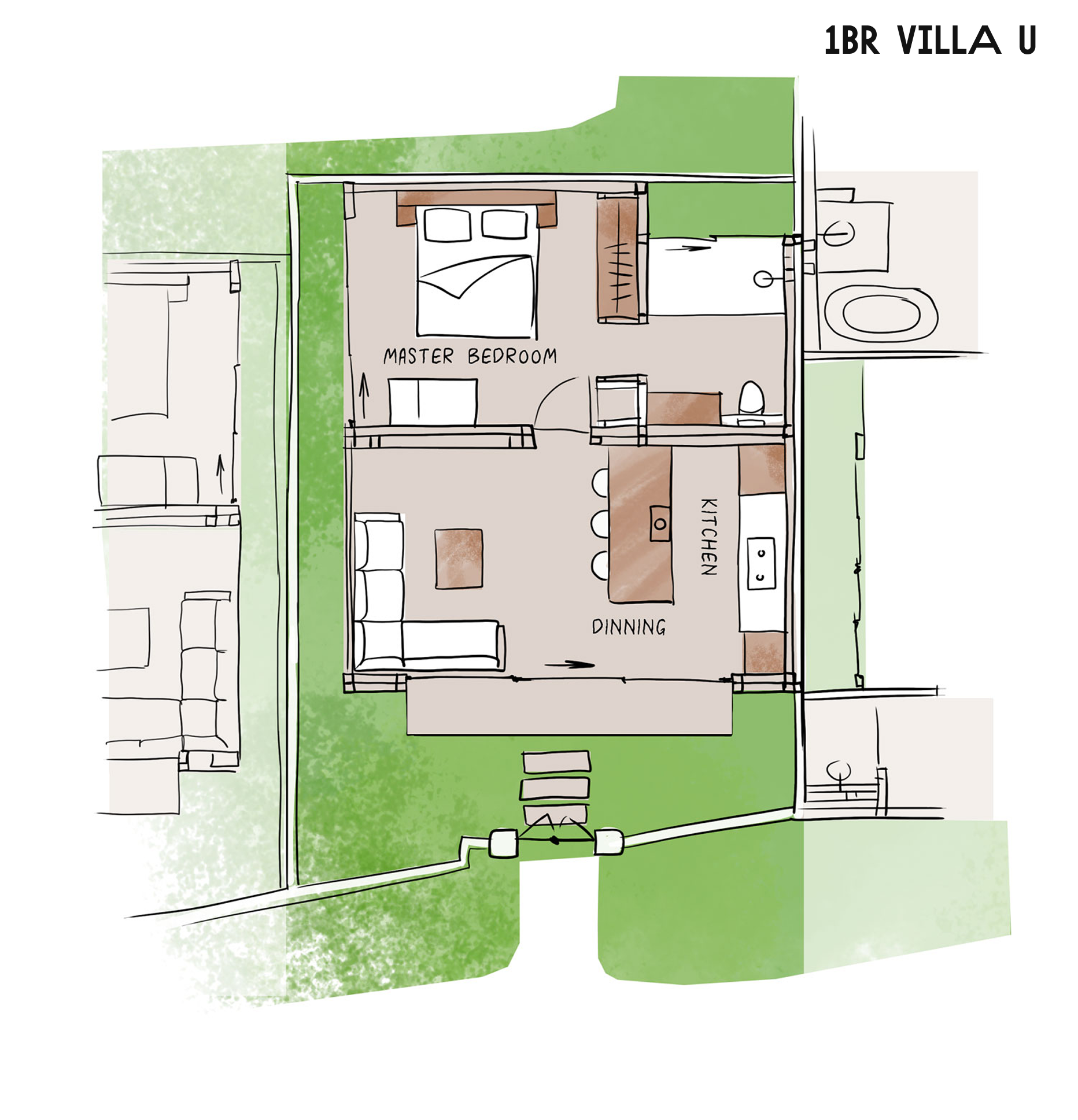 1BR villa floor plan with bedroom, bath, kitchen, living area, and garden