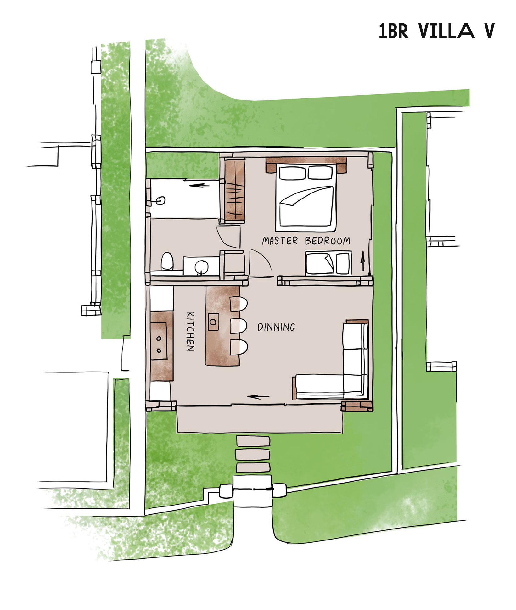Floor plan of a small villa apartment with two bedrooms, living area, kitchen, bathroom, and green surrounding space