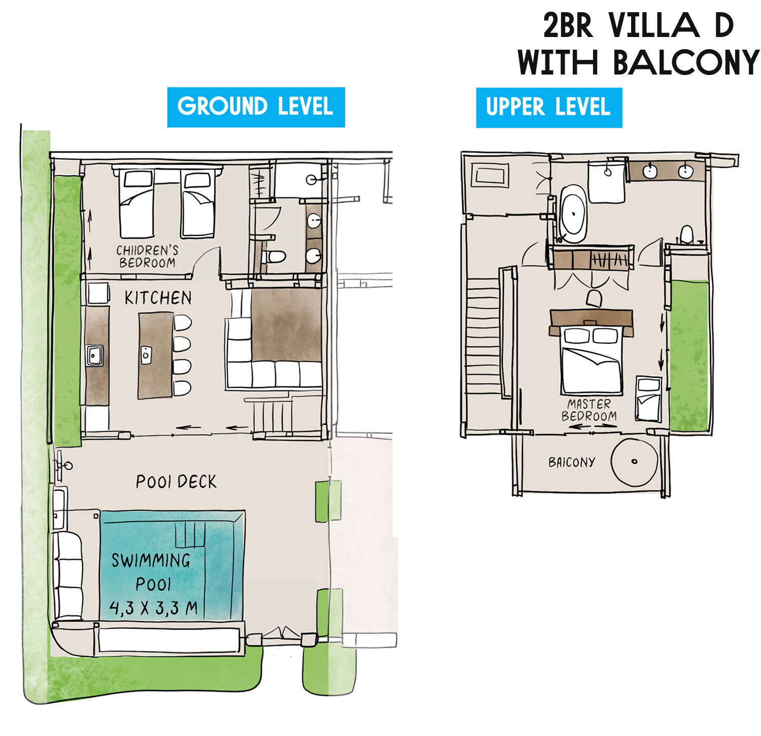 Floor plan of a 2BR villa: ground level with kitchen and pool deck, upper level with balcony and bedrooms.