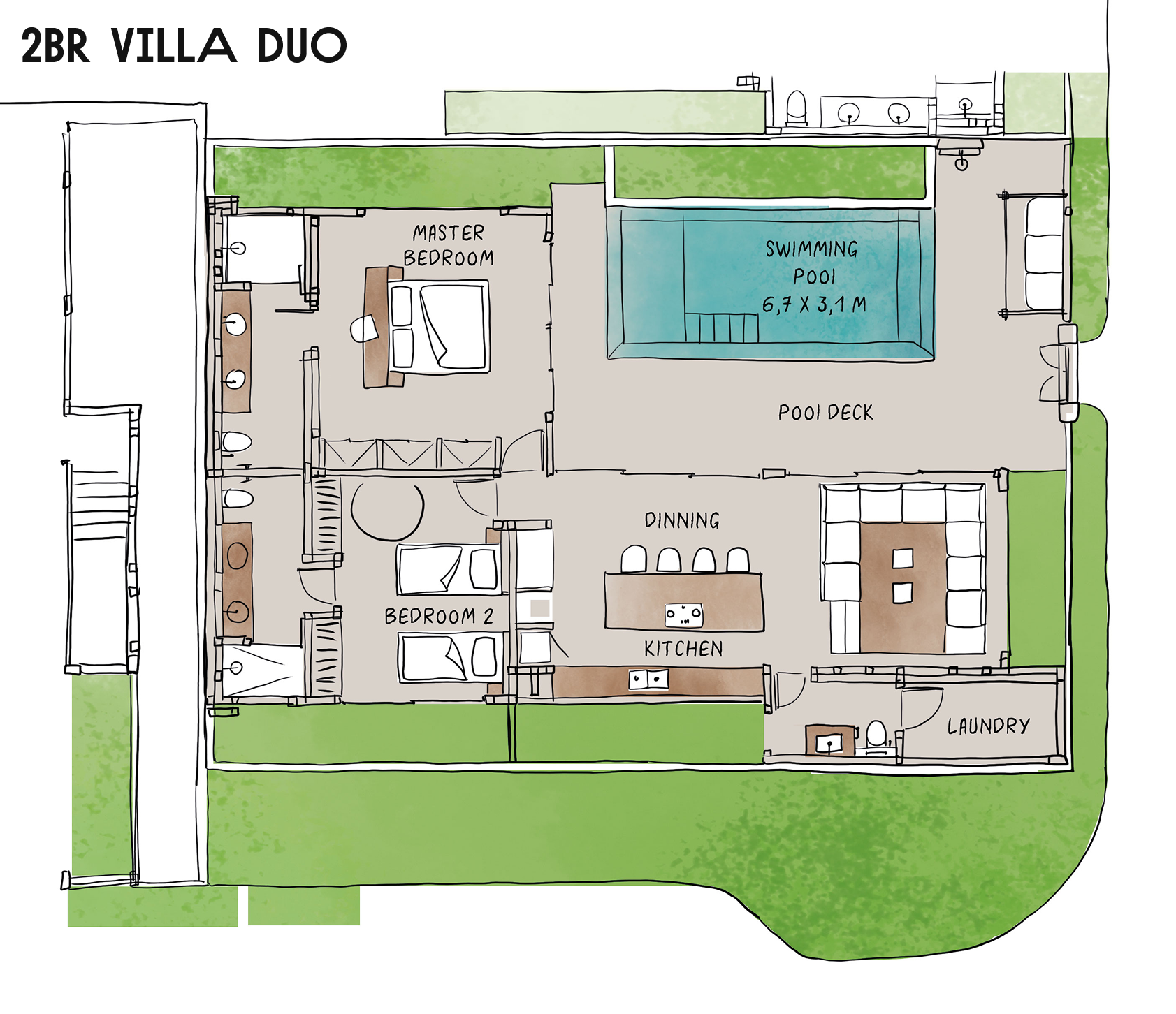 2BR villa floor plan with pool, patio, bedrooms, kitchen, and living area in green and beige tones