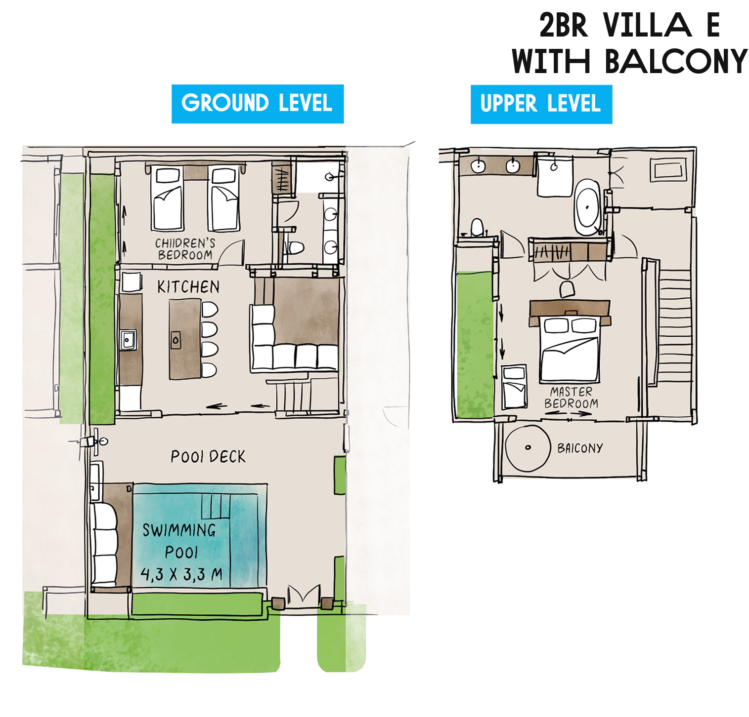 2BR villa floor plan with ground and upper levels, including kitchen, bedrooms, balcony, and swimming pool.