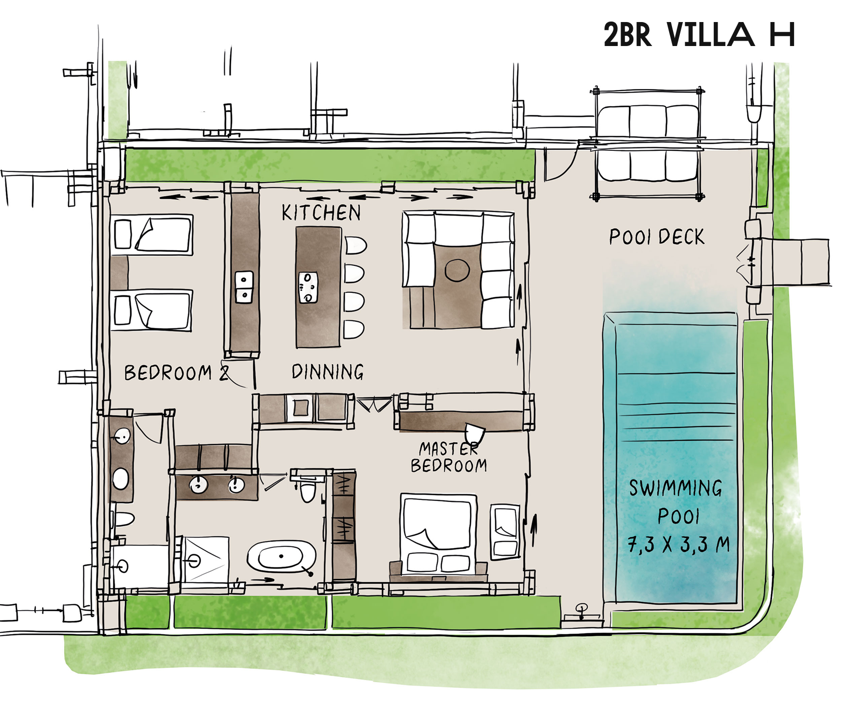 2BR villa floor plan with bedroom, dining, kitchen, bathroom, pool deck, and swimming pool