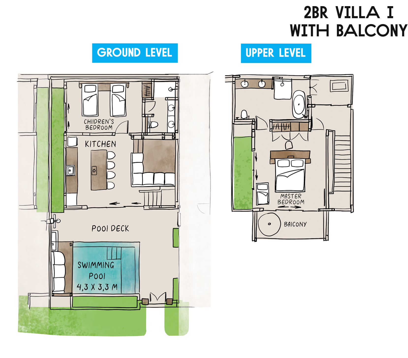 2BR villa floor plan with ground and upper levels, kitchen, patio, pool, and balcony in green and beige