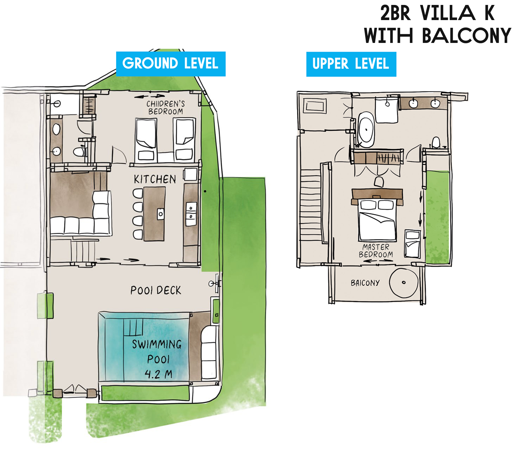 2BR villa floor plan with ground and upper levels, balcony, kitchen, pool deck, and swimming pool
