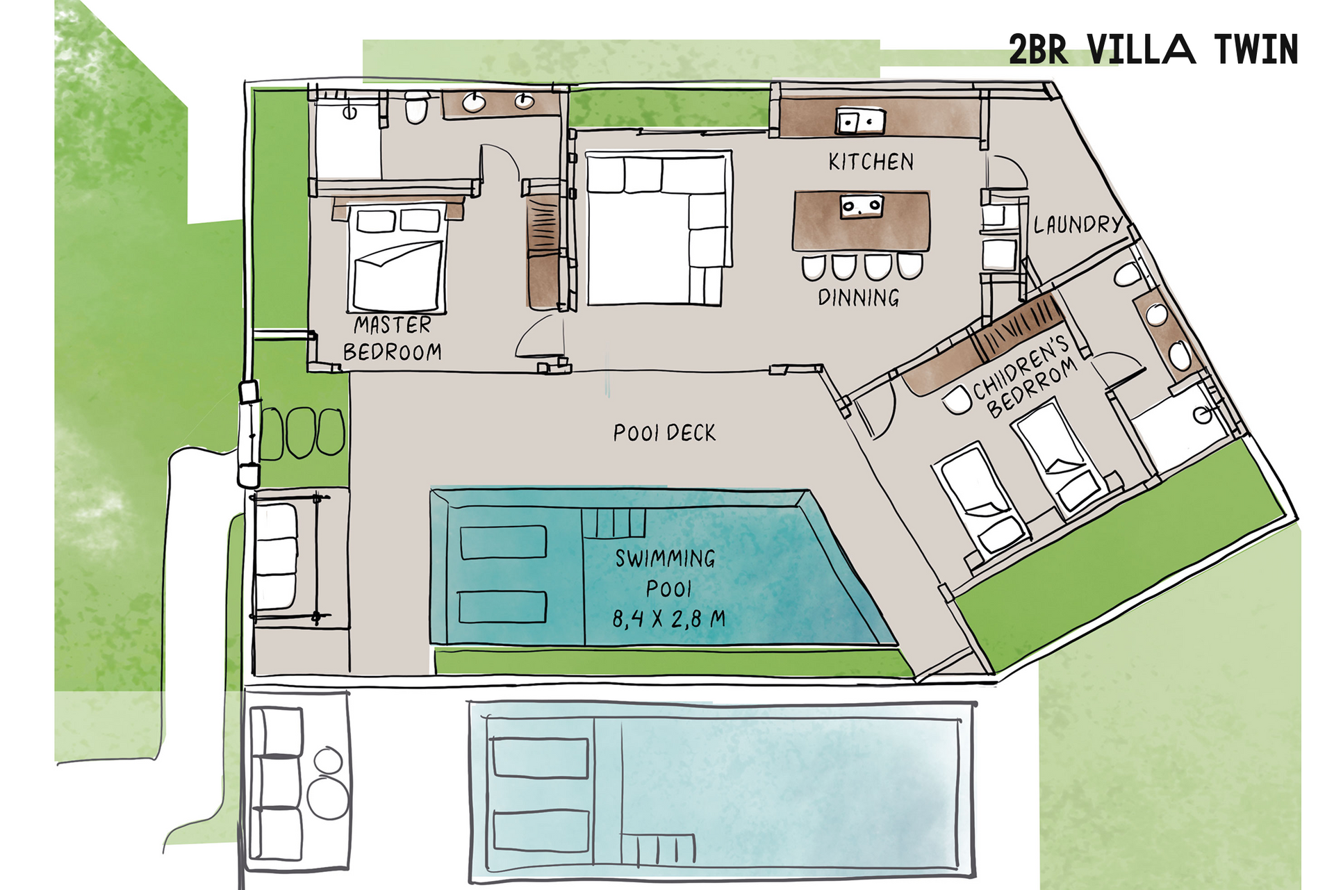 Top-down villa floor plan with two bedrooms, living area, kitchen, terrace, and two swimming pools.