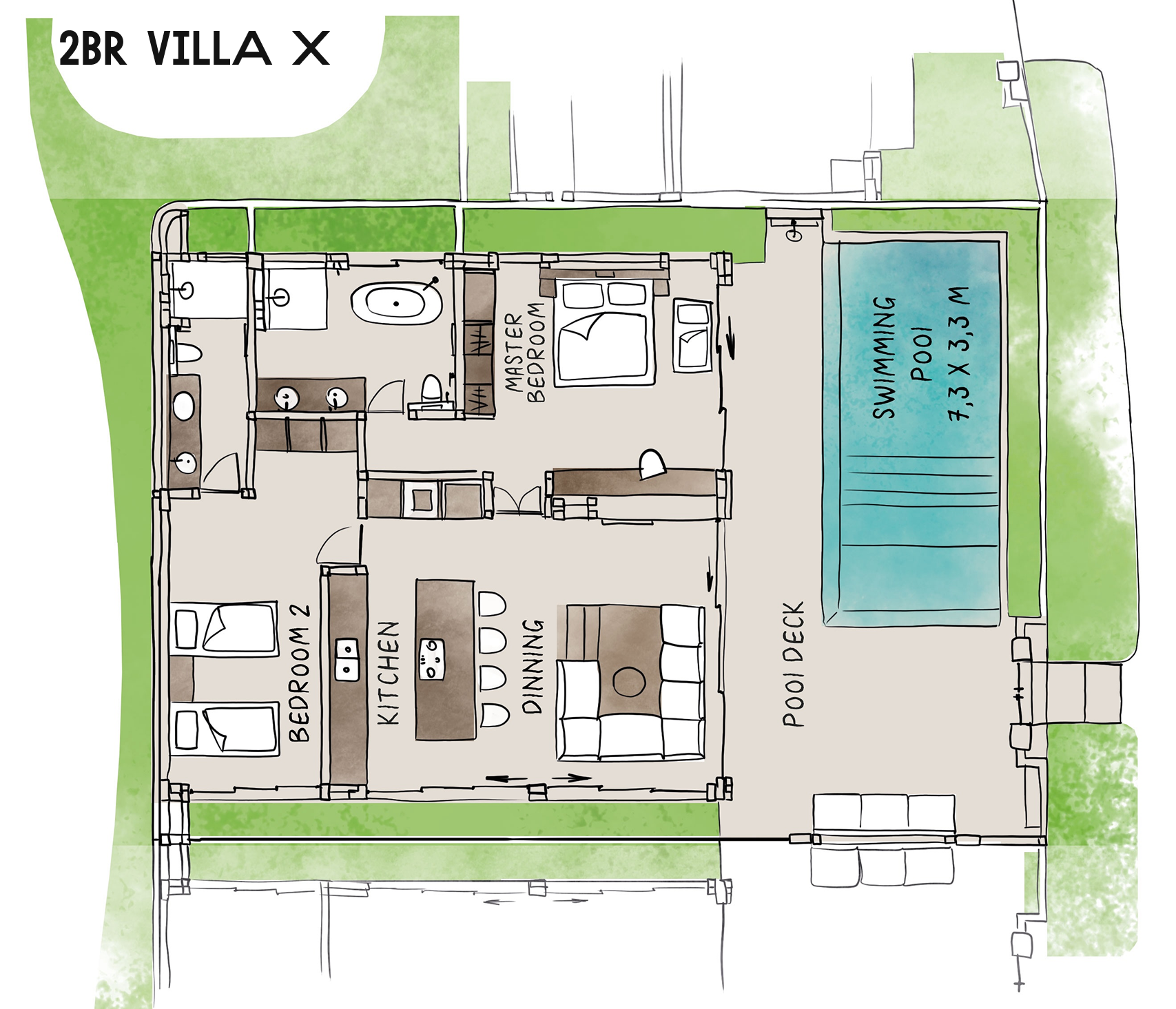 2BR villa floor plan with pool, patio, bedroom, kitchen, living area, and two bathrooms