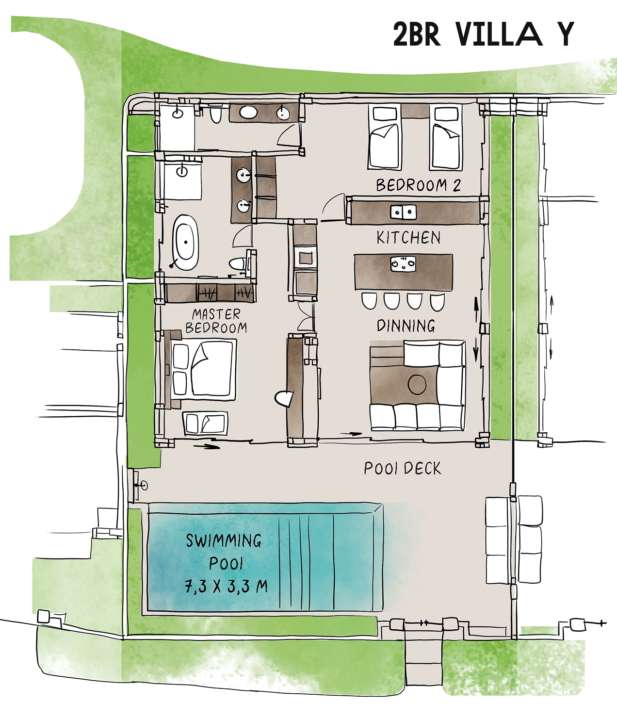 2BR villa floor plan with living, kitchen, bedrooms, bathroom, and pool deck beside a swimming pool