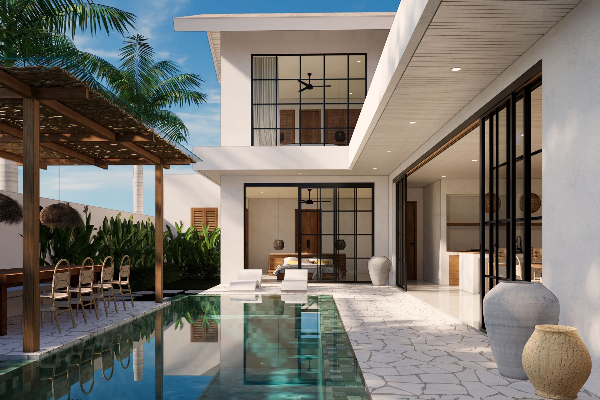 Modern villa with pool, patio seating, and large glass doors by the water