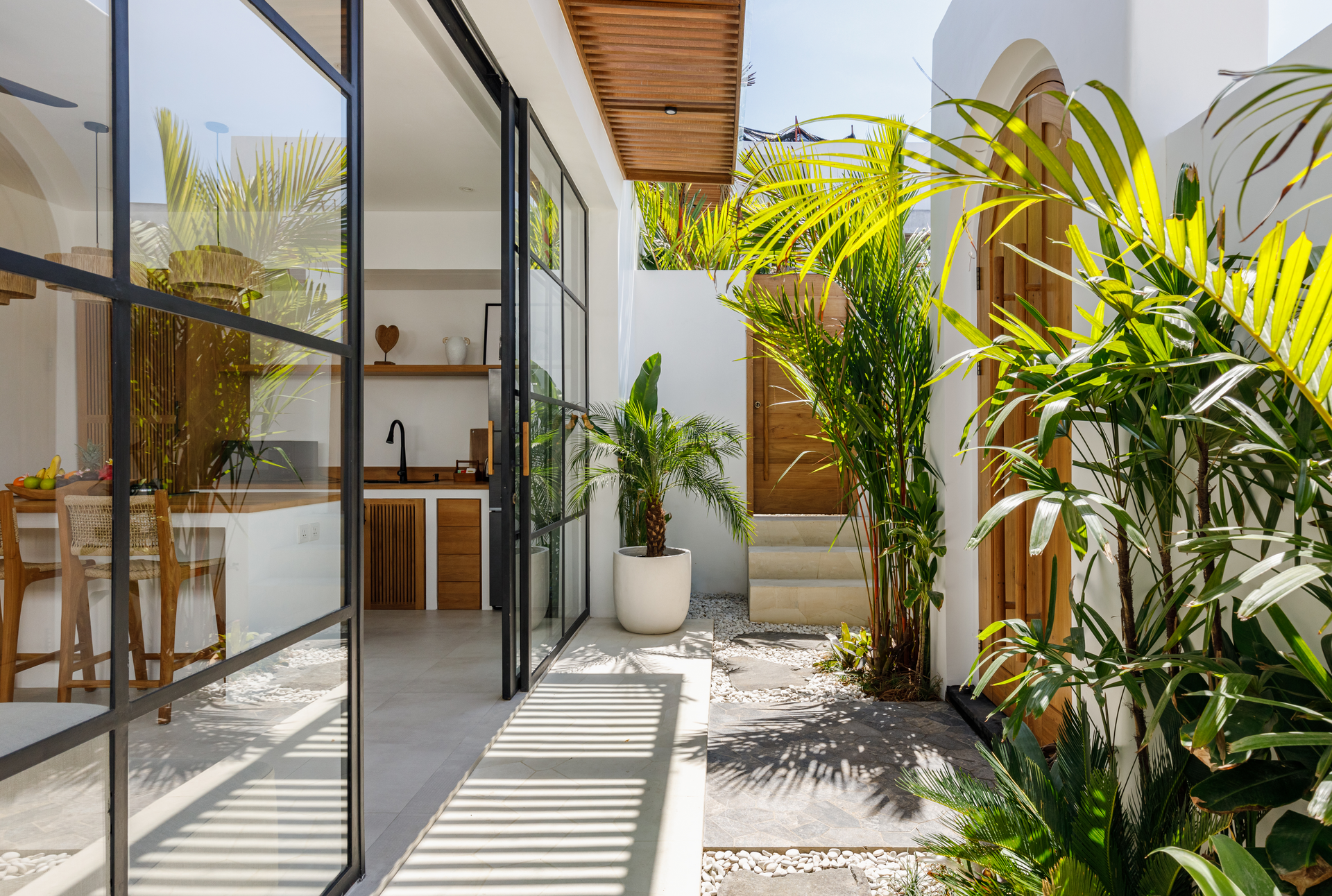 Sunny white courtyard with glass doors, potted palms, and a narrow stone path along a modern house