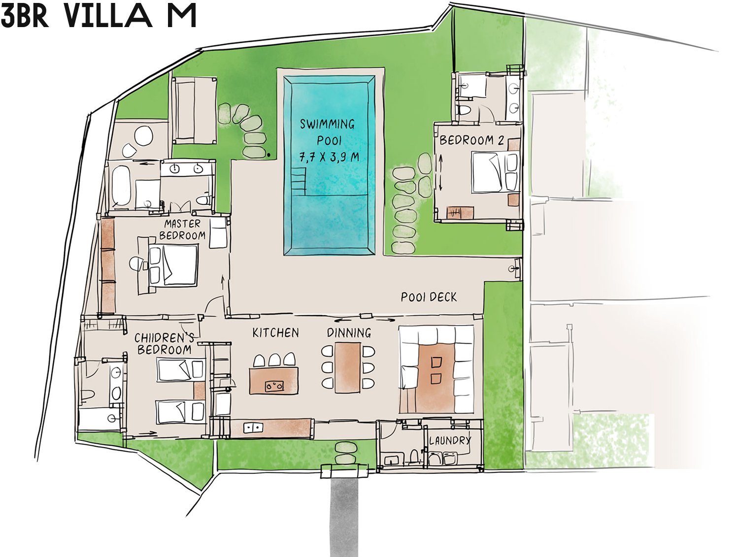 3BR villa floor plan with pool, patio, living area, bedrooms, and kitchen layout