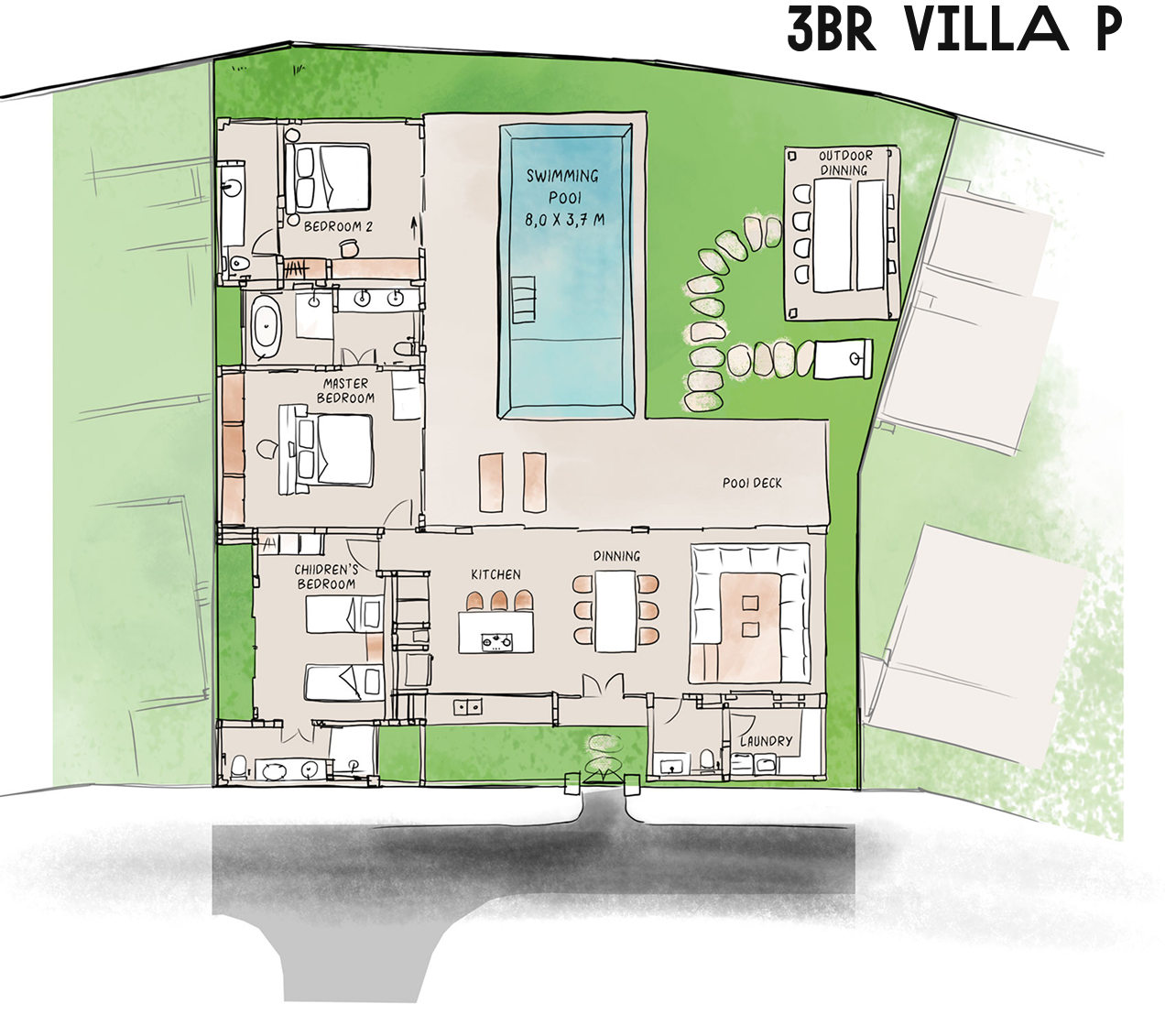 3BR villa floor plan with pool, patio, and landscaped yard