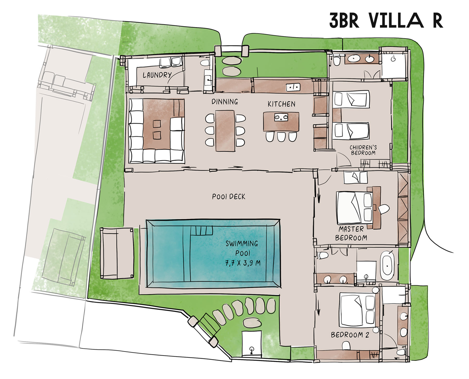 3BR villa floor plan with pool, patio, and landscaped yard in a top-down layout