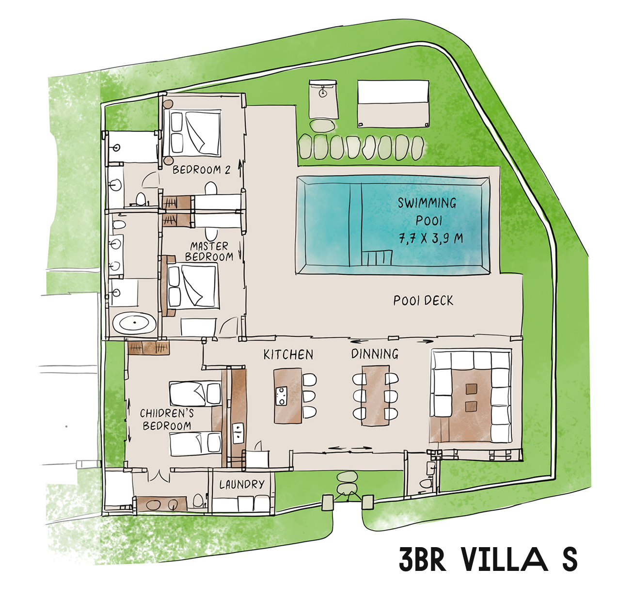 Floor plan of a 3BR villa with pool, patio, kitchen, living area, and bedrooms in a green plot layout