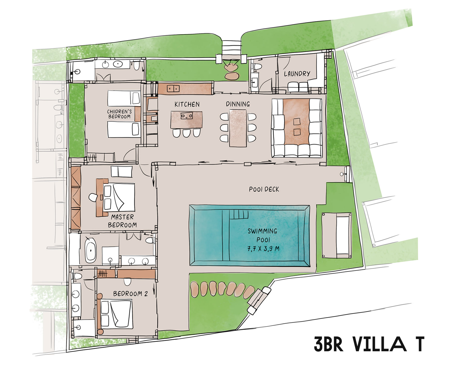 3BR villa floor plan with pool, terrace, rooms, and green landscaping.