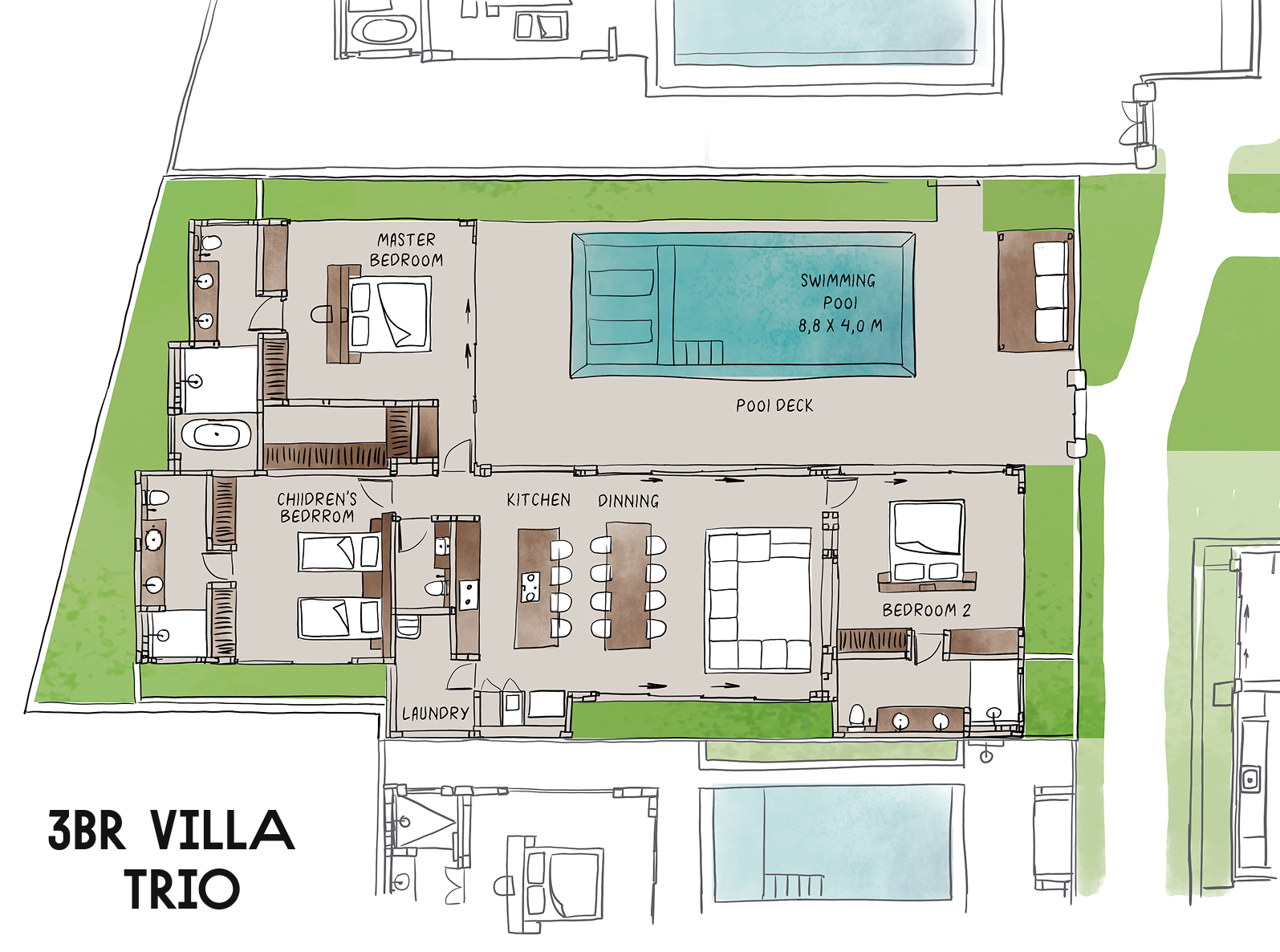 3BR villa floor plan with central pool, patio, and green landscaping area