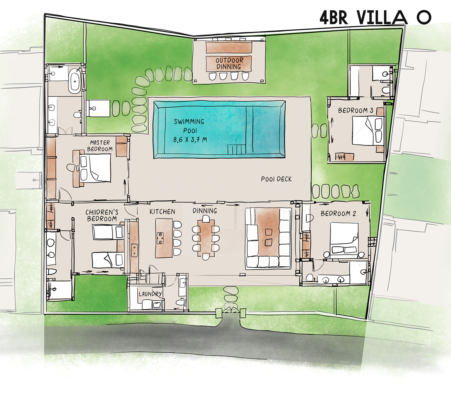 Top-down 4BR villa floor plan with central pool, green yard, and surrounding rooms